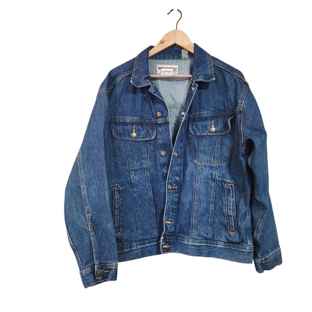 VTG Wrangler Rugged Wear Men’s Blue Dark Wash Long Sleeve Denim Jean Jacket L